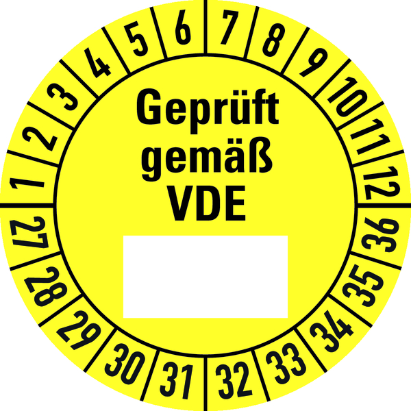 Prüfplakette, Geprüft gemäß VDE (Freifeld), gelb/schwarz, Folie, Ø 30 mm - Bogen = 10 Plaketten