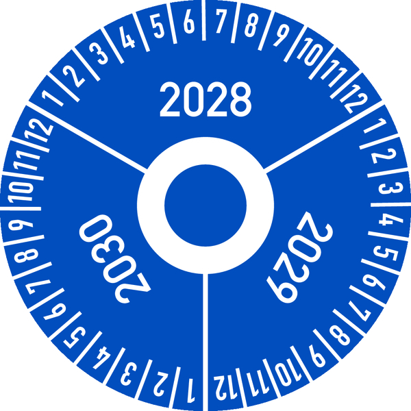 Drei-Jahres-Prüfplakette, Jahresfarben, Folie, Ø 30 mm - Bogen = 10 Plaketten