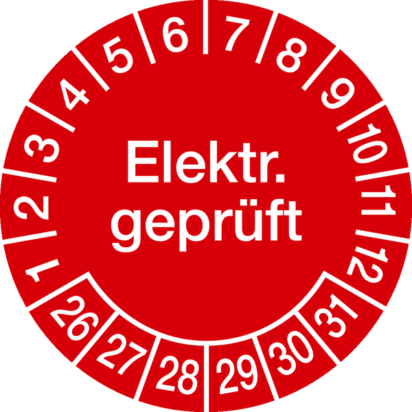 Prüfplakette, Elektr. geprüft, rot/weiß, Ø 30 mm, Folie - Bogen = 10 Plaketten