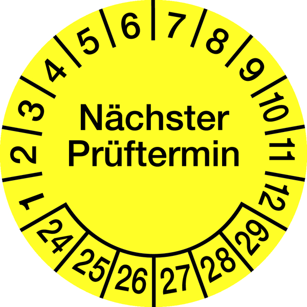 Prüfplakette, Nächster Prüftermin, Folie, gelb/schwarz, Ø 20 mm - Bogen = 10 Plaketten