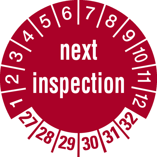 Prüfplakette, next inspection, rot/weiß, Folie, Ø 30 mm - Bogen = 10 Plaketten