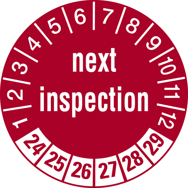 Prüfplakette, next inspection, rot/weiß, Folie, Ø 30 mm - Bogen = 10 Plaketten
