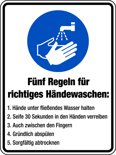 Gebotsschild, Kombischild, 5 Regeln zum Händewaschen - DIN EN ISO 7010
