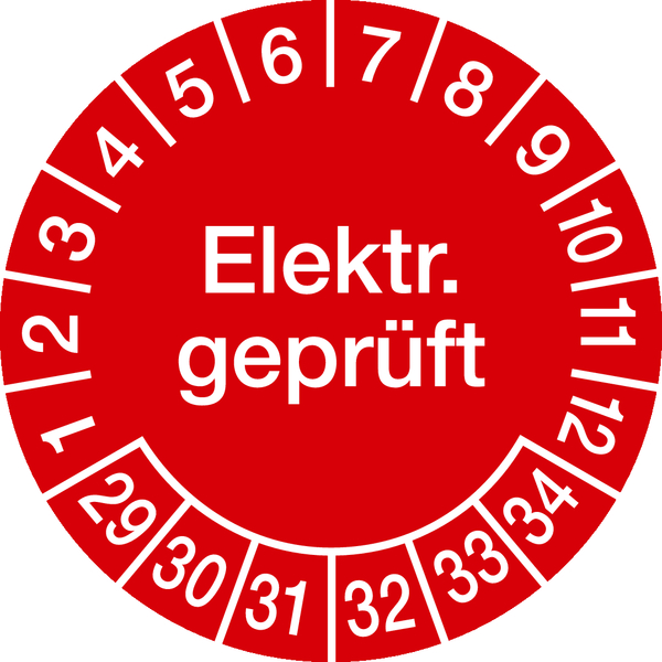 Prüfplakette, Elektr. geprüft, rot/weiß, Ø 30 mm, Dokumentenfolie - Bogen = 10 Plaketten