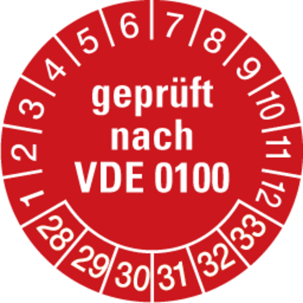 Prüfplakette, geprüft nach VDE 0100, rot/weiß, Folie, Ø 30 mm - Bogen = 10 Plaketten