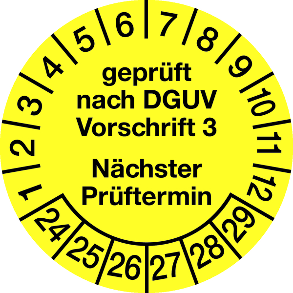Prüfplakette, DGUV Vorschrift 3 Nächster Prüftermin, Jahresfarben, Ø30mm, Folie - Bogen = 10 Stück