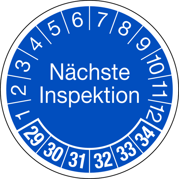 Prüfplakette, Nächste Inspektion, blau/weiß, Folie, Ø 30 mm - Bogen = 10 Plaketten