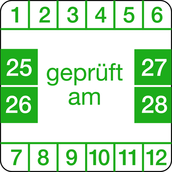 Prüfplakette, "geprüft am", grün/weiß, Folie, 30 x 30 mm - Bogen = 10 Plaketten