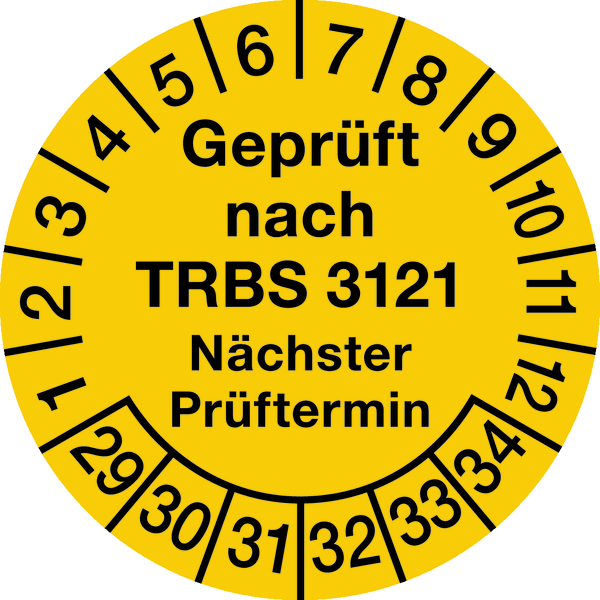 Prüfplakette, TRBS 3121 Nächster Prüftermin, Jahresfarben, Folie, Ø 30 mm - Bogen = 10 Plaketten