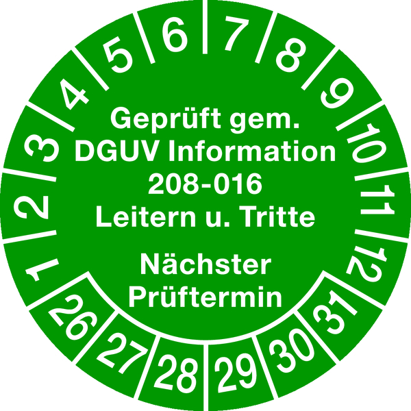 Prüfplakette, DGUV Information 208-016 Nächster Prüftermin, grün/weiß, Ø 30 mm - Bogen = 10 Stk.