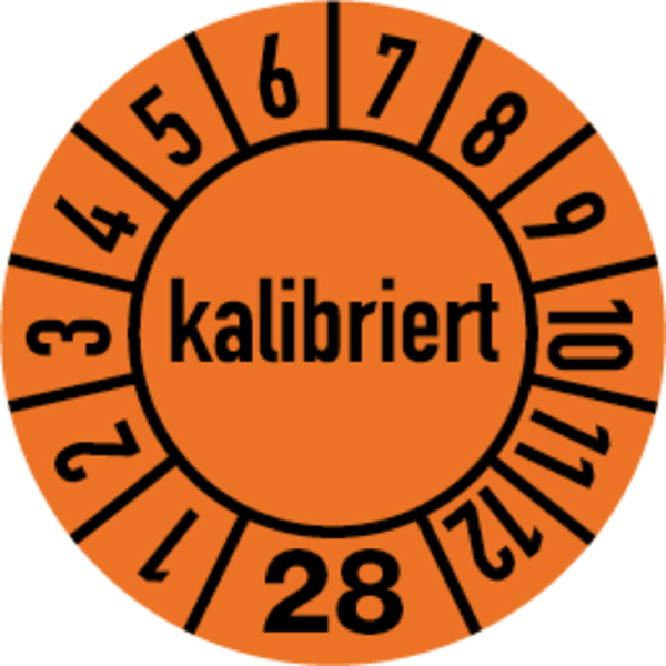 Jahresprüfplakette, kalibriert, orange/schwarz, Folie, Ø 10 mm - Bogen = 10 Plaketten