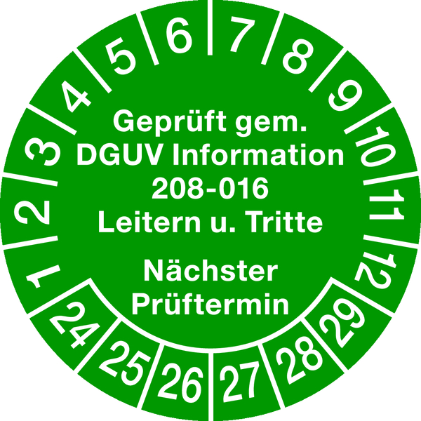 Prüfplakette, DGUV Information 208-016 Nächster Prüftermin, grün/weiß, Ø 30 mm - Bogen = 10 Stk.