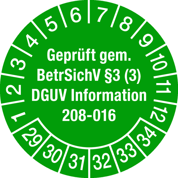 Prüfplakette, Geprüft gem. BetrSichV § 3 (3) DGUV Information 208-016 Ø 30mm - Bogen = 10 Plaketten