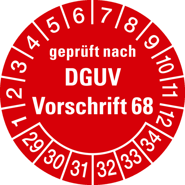 Prüfplaketten, geprüft nach DGUV Vorschrift 68, rot/weiß, Folie, Ø 30mm - Bogen = 10 Plaketten