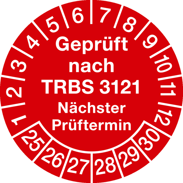 Prüfplakette, TRBS 3121 Nächster Prüftermin, Jahresfarben, Folie, Ø 30 mm - Bogen = 10 Plaketten