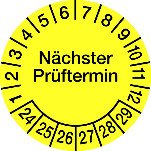 Prüfplakette, Nächster Prüftermin, Folie, gelb/schwarz, Ø 100 mm - Bogen = 2 Plaketten