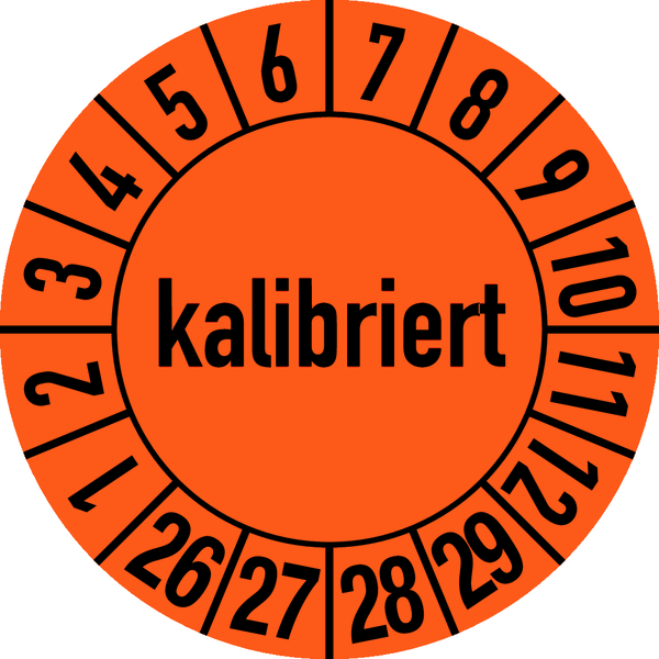 Prüfplakette, kalibriert, orange/schwarz, Folie, Ø 30 mm - Bogen = 10 Plaketten