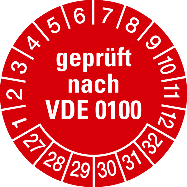 Prüfplakette, geprüft nach VDE 0100, rot/weiß, Folie, Ø 30 mm - Bogen = 10 Plaketten