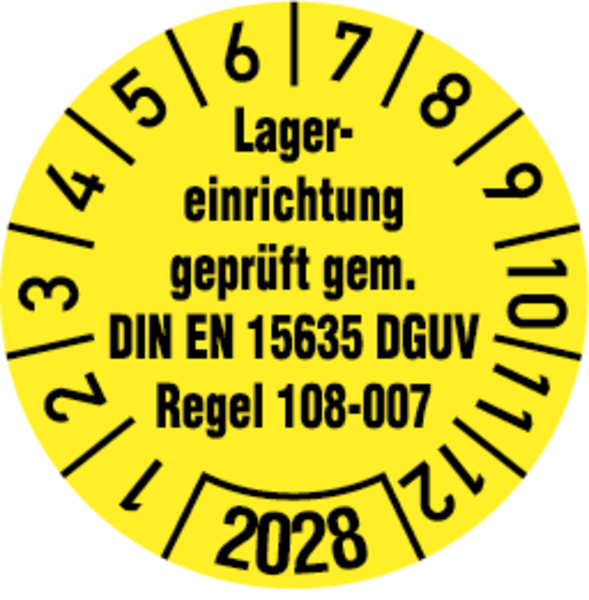 Jahresprüfplakette, Lagererinrichtung DIN EN 15635 DGUV Regel 108-007, Ø 30 mm - Bogen = 10 Stk.