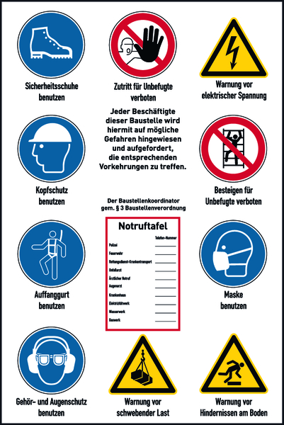 Baustellenschild, Hinweise gem. ISO 7010 + Notruftafel, Alu-Verbund