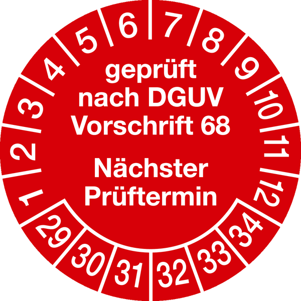 Prüfplakette, DGUV Vorschrift 68 Nächster Prüftermin, rot/weiß, Folie, Ø 30 mm - Bogen = 10 Stk.