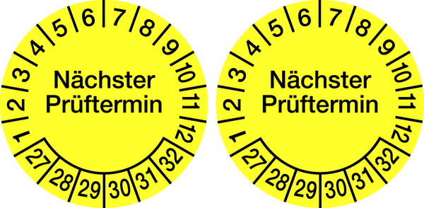 Prüfplakette, Nächster Prüftermin, Folie, gelb/schwarz, Ø 100 mm - Bogen = 2 Plaketten