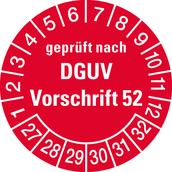 Prüfplakette, geprüft nach DGUV Vorschrift 52, rot/weiß, Folie, Ø 30 mm - Bogen = 10 Plaketten