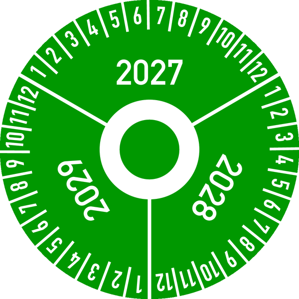 Drei-Jahres-Prüfplakette, Jahresfarben, Folie, Ø 30 mm - Bogen = 10 Plaketten